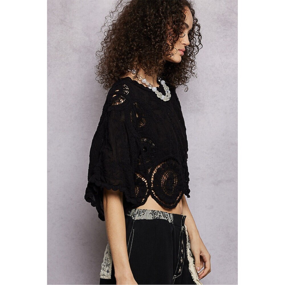 POL Boho Crochet Embroidered Cropped Top OS BlacK Festive Hippie Gypsy Gothic - Picture 8 of 15